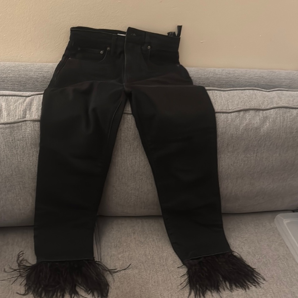 Zara Black Flare Wide Leg Jeans with Fringe Hem